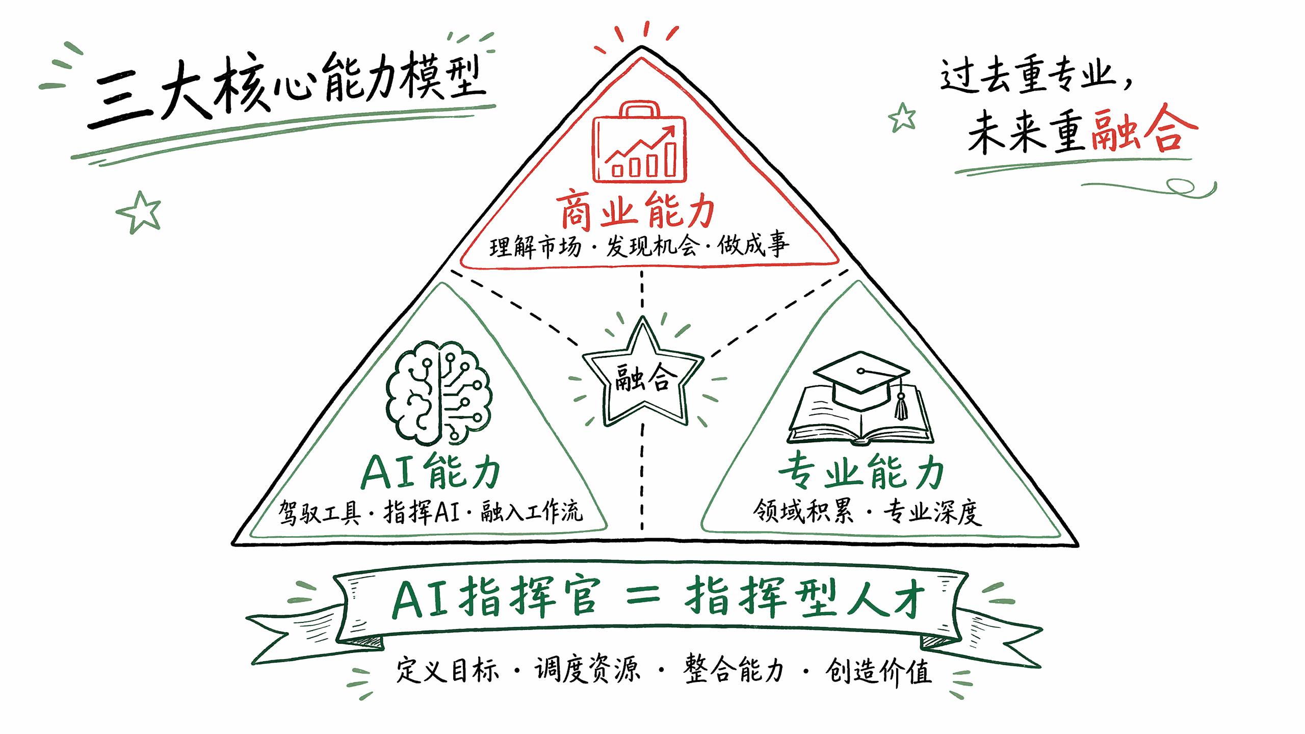 AI指挥官三大核心能力模型：商业能力、AI能力与专业能力三力融合，AI指挥官等于指挥型人才